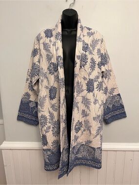 Mango Suit Quilted Floral Border Print Kimono Coat, Size Medium